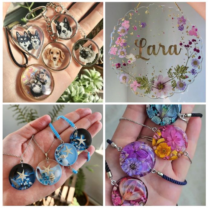 Llaveros, colgantes y pulseras de resina con flores, mascotas y caracoles